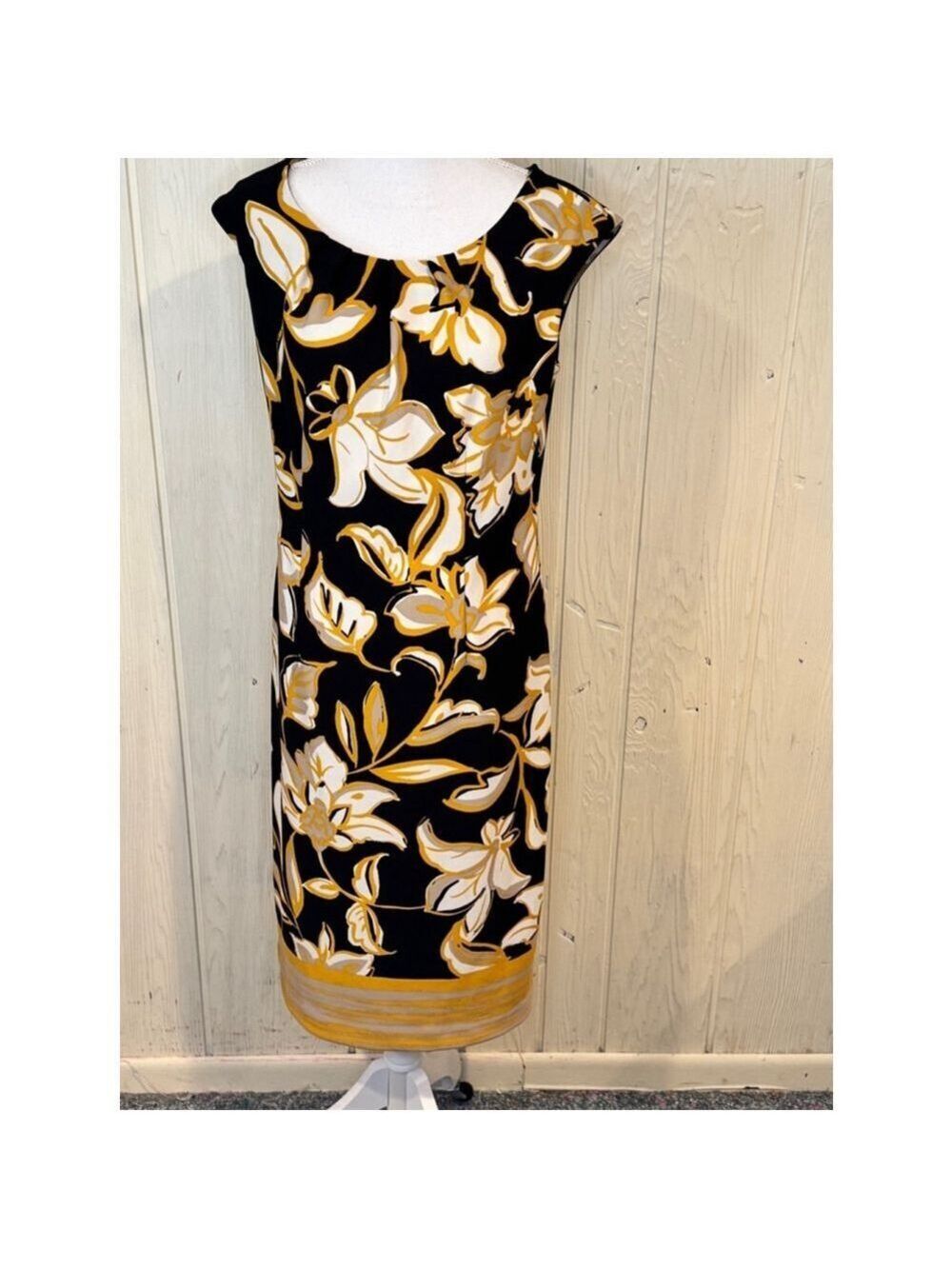 ILE Vintage Floral Midi Shift Dress Black Yellow Size 8
